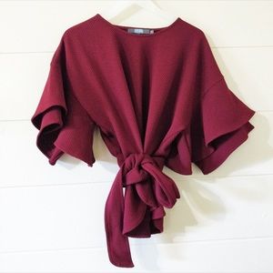 Eva Franco burgandy textured belted blouse S